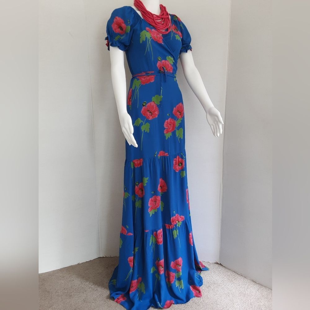 FLYNN SKYE Annabelle Wrap Dress Gown Floral Pink Blue Puff Sleeves V-Neck Sz L